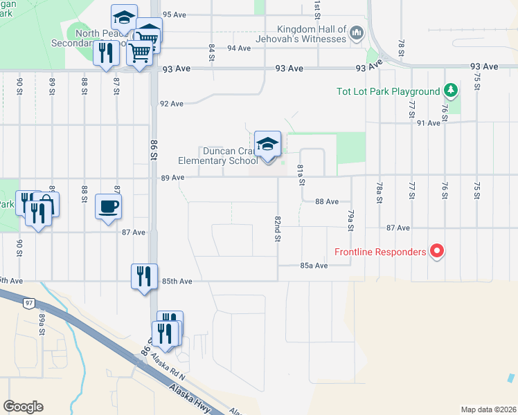 map of restaurants, bars, coffee shops, grocery stores, and more near 8215 88 Avenue in Fort St. John