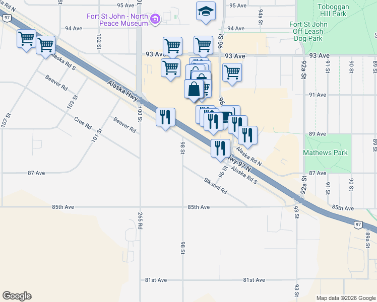 map of restaurants, bars, coffee shops, grocery stores, and more near 9711 Alaska Road South in Fort St. John