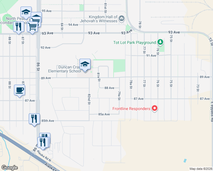 map of restaurants, bars, coffee shops, grocery stores, and more near 8016 88 Avenue in Fort St. John