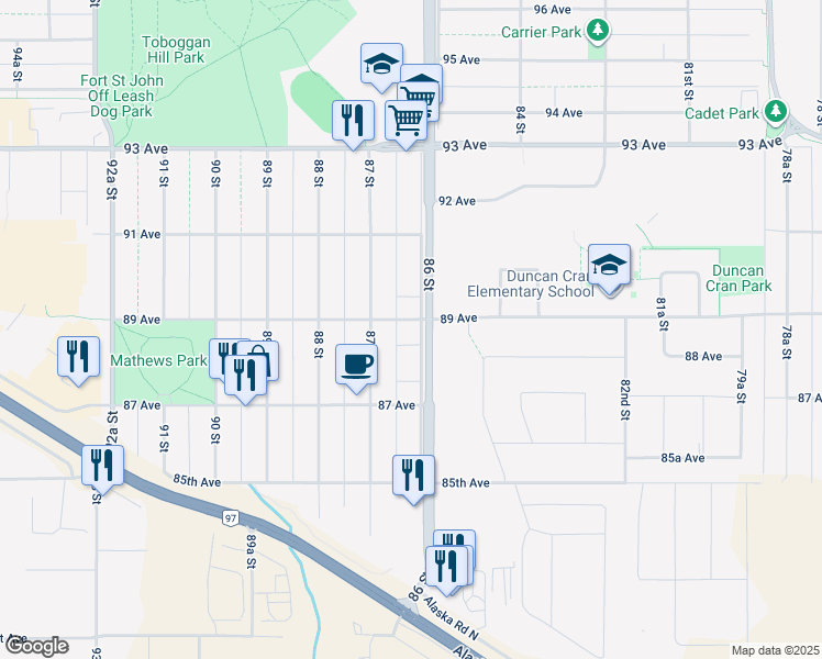 map of restaurants, bars, coffee shops, grocery stores, and more near 8603 89 Avenue in Fort St. John