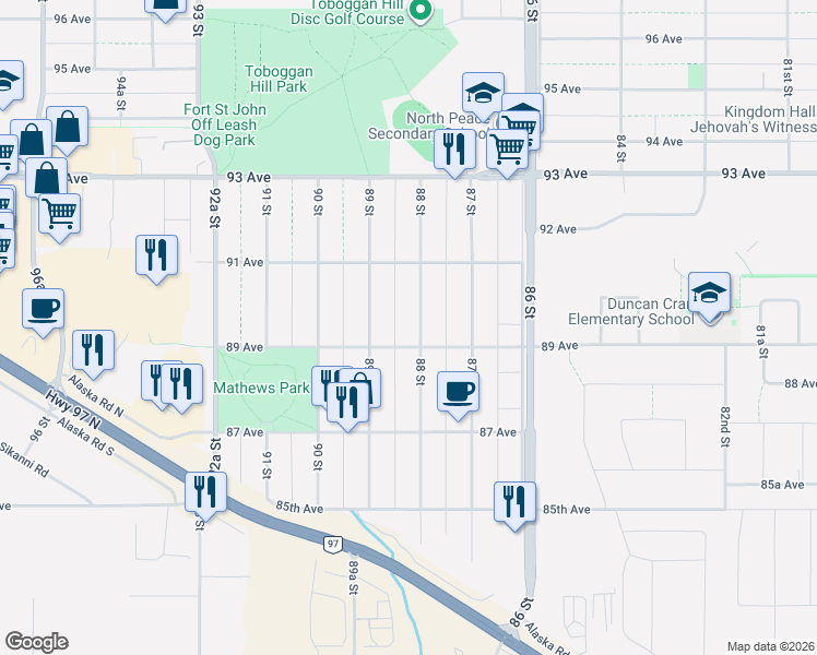 map of restaurants, bars, coffee shops, grocery stores, and more near 8914 88 Street in Fort St. John