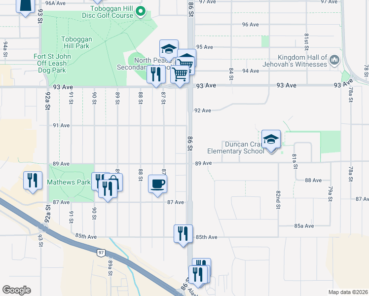 map of restaurants, bars, coffee shops, grocery stores, and more near 8920 86 Street in Fort Saint John