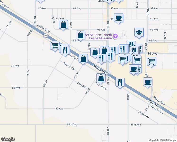 map of restaurants, bars, coffee shops, grocery stores, and more near 10203 Alaska Road South in Fort St. John