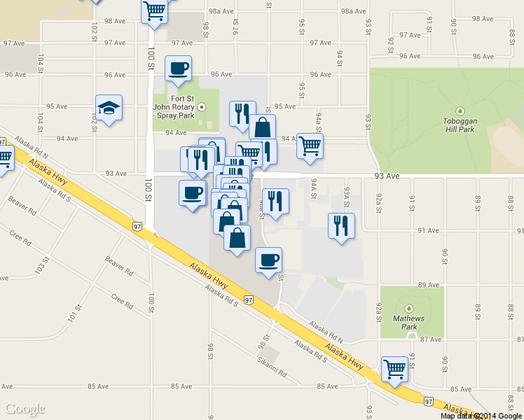 map of restaurants, bars, coffee shops, grocery stores, and more near 9125 96A St in Fort St John