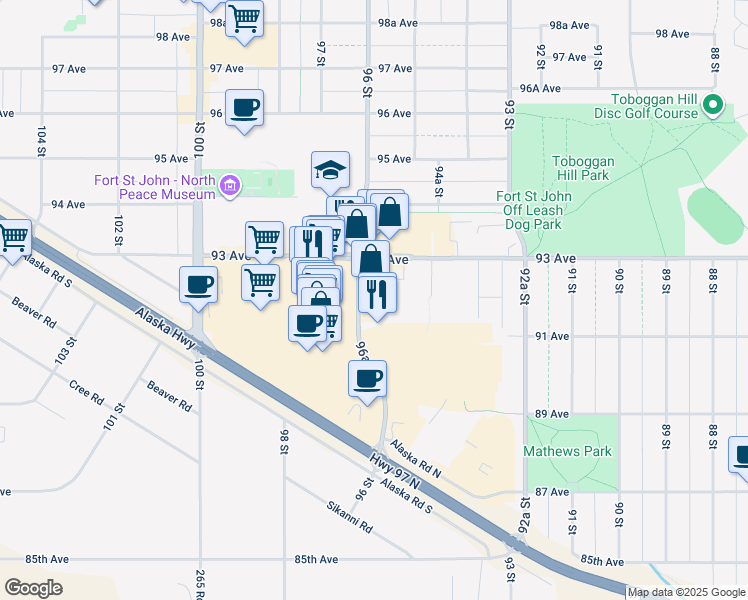 map of restaurants, bars, coffee shops, grocery stores, and more near 9125 96A Street in Fort St. John