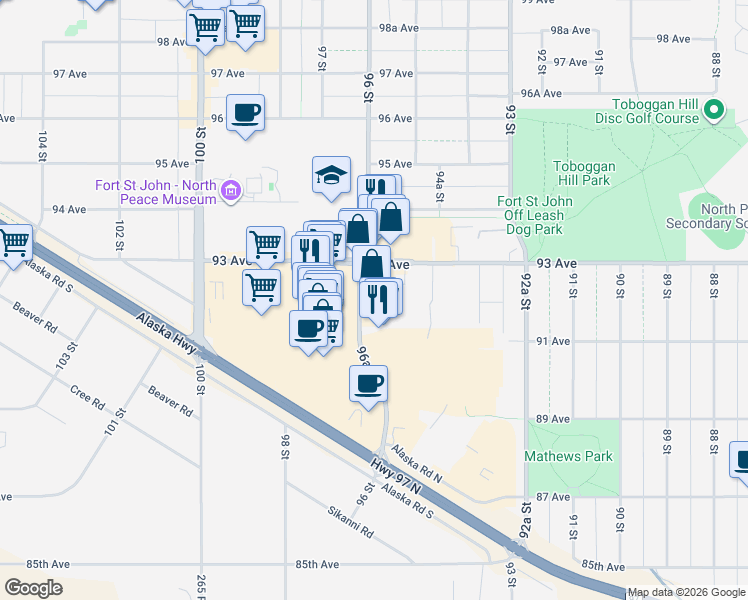 map of restaurants, bars, coffee shops, grocery stores, and more near 9133 96A Street in Fort St. John