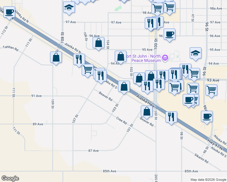map of restaurants, bars, coffee shops, grocery stores, and more near 10331 Alaska Road in Fort St. John
