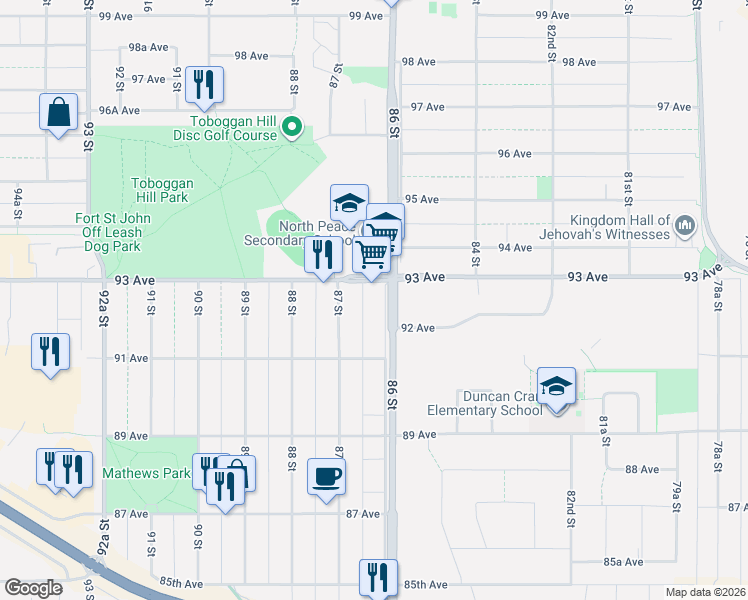 map of restaurants, bars, coffee shops, grocery stores, and more near 9216 86 Street in Fort St. John