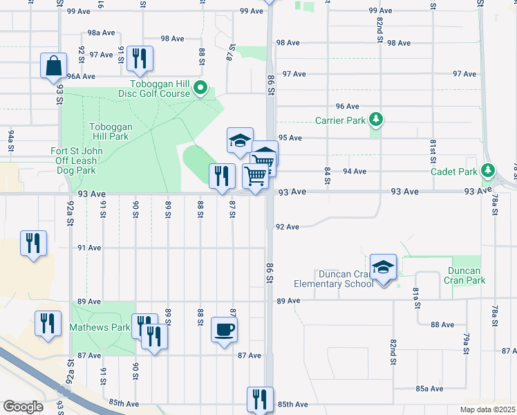 map of restaurants, bars, coffee shops, grocery stores, and more near 9216 86 Street in Fort Saint John