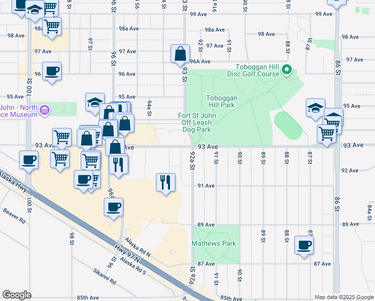 map of restaurants, bars, coffee shops, grocery stores, and more near 9205 93 Avenue in Fort St. John