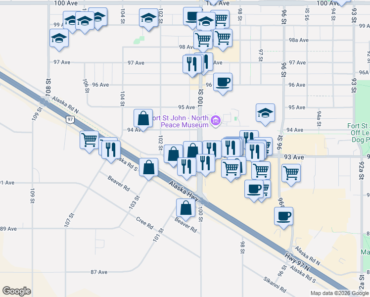 map of restaurants, bars, coffee shops, grocery stores, and more near 10020 93 Avenue in Fort St. John