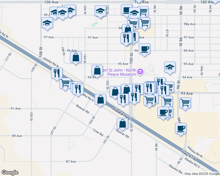 map of restaurants, bars, coffee shops, grocery stores, and more near 10120 93 Avenue in Fort St. John