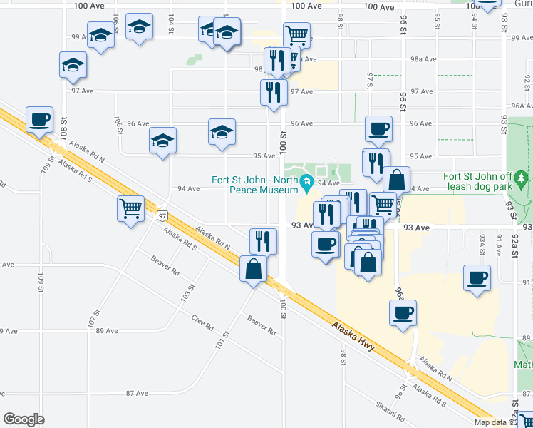 map of restaurants, bars, coffee shops, grocery stores, and more near 10020 93 Avenue in Fort St. John