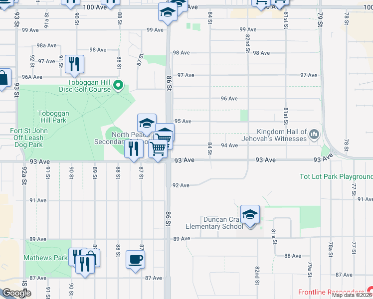 map of restaurants, bars, coffee shops, grocery stores, and more near 8507 94 Avenue in Fort St. John