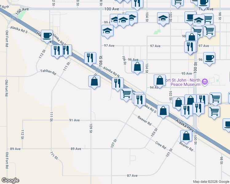 map of restaurants, bars, coffee shops, grocery stores, and more near 10623 Alaska Road South in Fort St. John