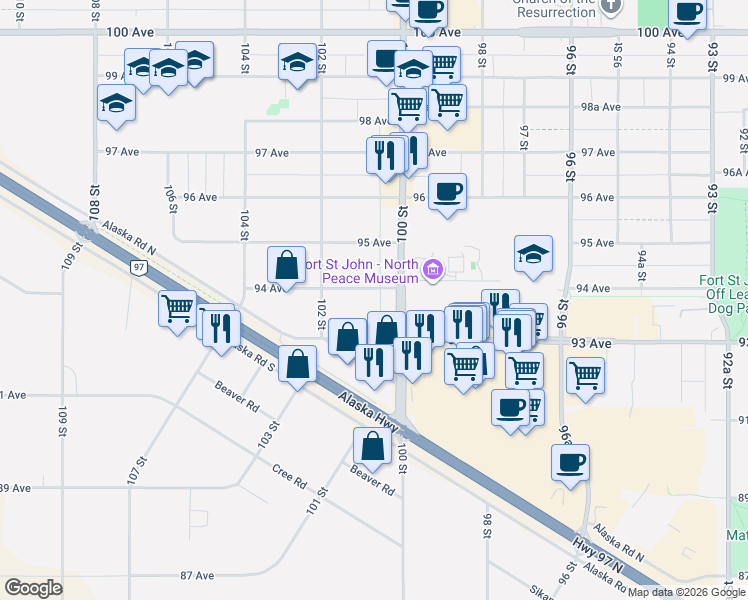 map of restaurants, bars, coffee shops, grocery stores, and more near 10021 94 Avenue in Fort St. John