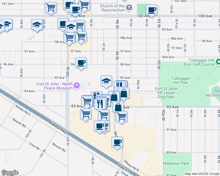 map of restaurants, bars, coffee shops, grocery stores, and more near in Fort St. John