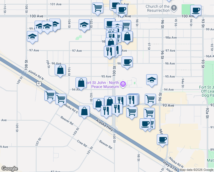 map of restaurants, bars, coffee shops, grocery stores, and more near 10004 94 Avenue in Fort St. John