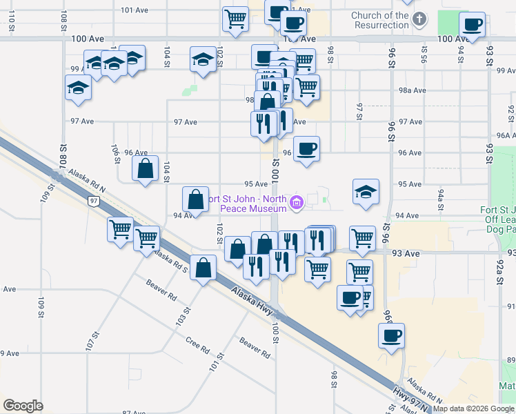 map of restaurants, bars, coffee shops, grocery stores, and more near 10004 94 Avenue in Fort St. John