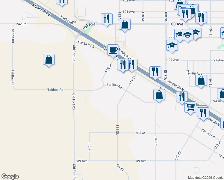 map of restaurants, bars, coffee shops, grocery stores, and more near 11113 Tahltan Road in Fort St. John