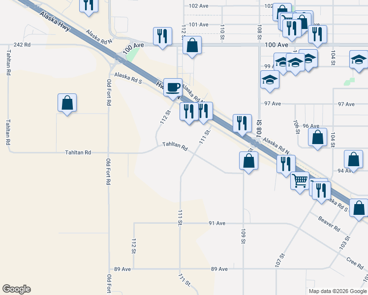 map of restaurants, bars, coffee shops, grocery stores, and more near Tahltan Road in Fort St. John