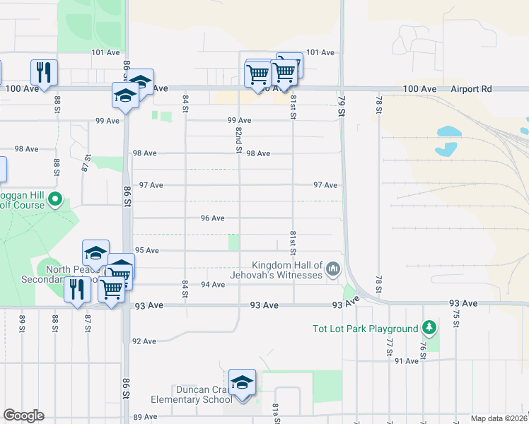 map of restaurants, bars, coffee shops, grocery stores, and more near 8128 96 Avenue in Fort St. John