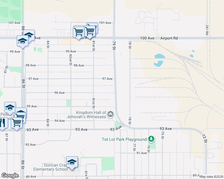 map of restaurants, bars, coffee shops, grocery stores, and more near 7908 96 Avenue in Fort St. John