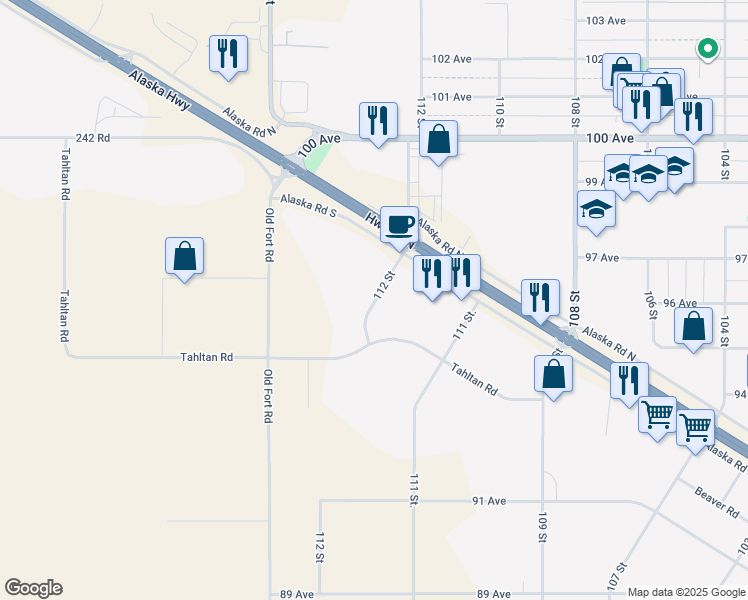 map of restaurants, bars, coffee shops, grocery stores, and more near 6720 112 Street in Fort Saint John