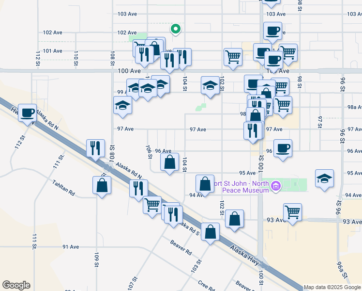 map of restaurants, bars, coffee shops, grocery stores, and more near 10407 96 Avenue in Fort St. John