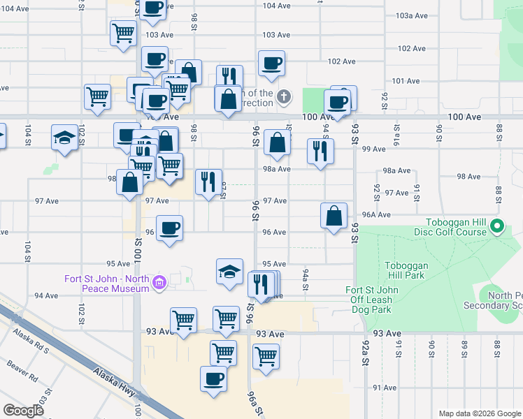 map of restaurants, bars, coffee shops, grocery stores, and more near 9615 96 Street in Fort St. John