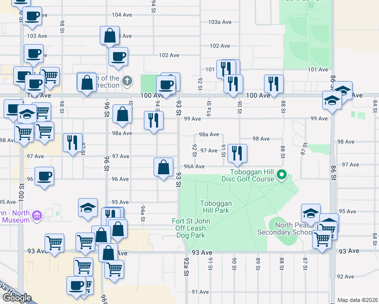 map of restaurants, bars, coffee shops, grocery stores, and more near 9616 92 Street in Fort St. John