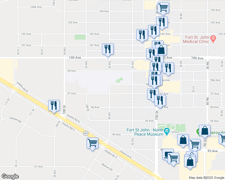 map of restaurants, bars, coffee shops, grocery stores, and more near 9707 104 Street in Fort St. John