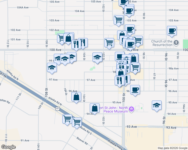 map of restaurants, bars, coffee shops, grocery stores, and more near 10223 98 Avenue in Fort St. John