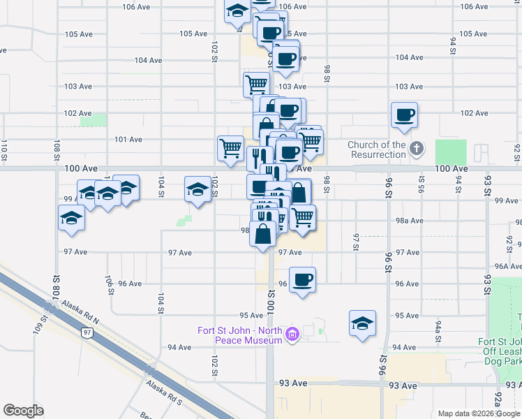map of restaurants, bars, coffee shops, grocery stores, and more near 9824 100 Street in Fort St. John
