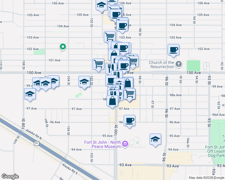 map of restaurants, bars, coffee shops, grocery stores, and more near 9824 100 Street in Fort St. John