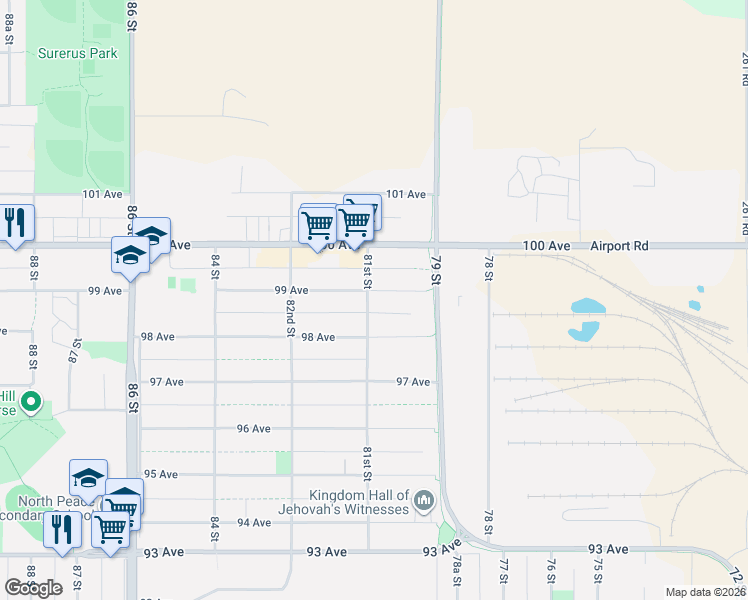 map of restaurants, bars, coffee shops, grocery stores, and more near 8019 99 Avenue in Fort Saint John