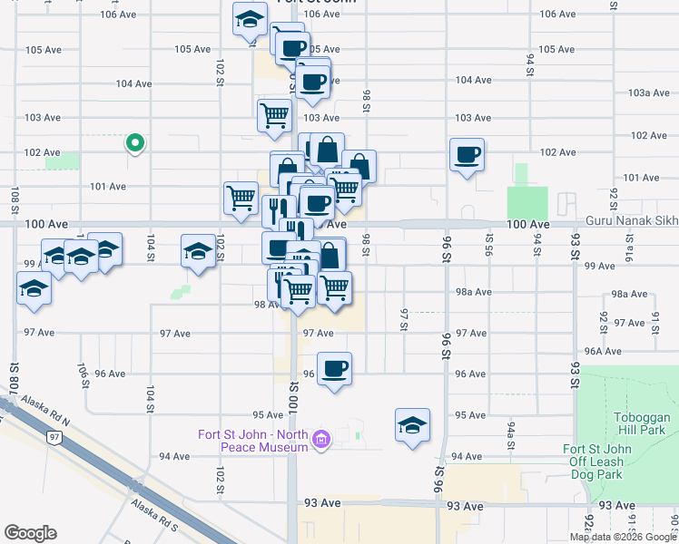 map of restaurants, bars, coffee shops, grocery stores, and more near 9823 99 Avenue in Fort Saint John