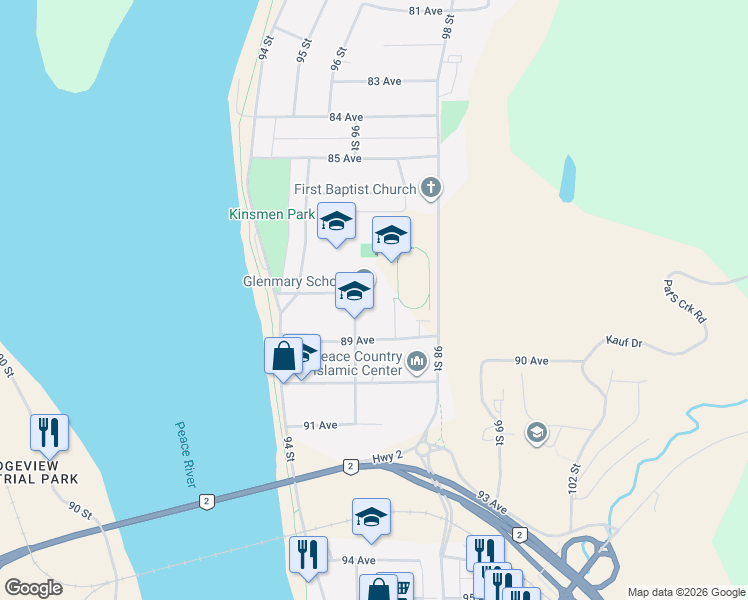 map of restaurants, bars, coffee shops, grocery stores, and more near 8801 96 Street in Peace River