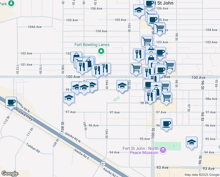 map of restaurants, bars, coffee shops, grocery stores, and more near 10324 99 Avenue in Fort St. John