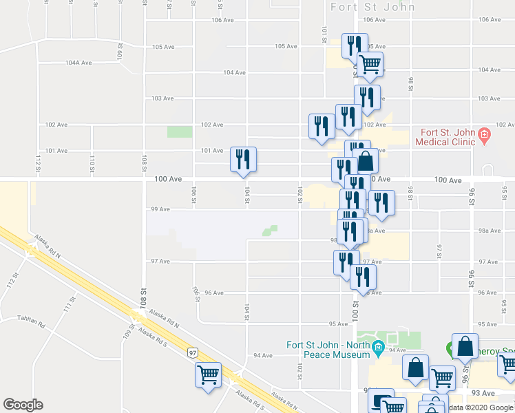 map of restaurants, bars, coffee shops, grocery stores, and more near 10316 99 Avenue in Fort St. John