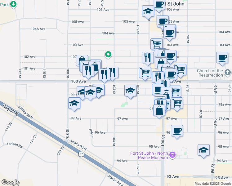 map of restaurants, bars, coffee shops, grocery stores, and more near 9907 104 Street in Fort St. John