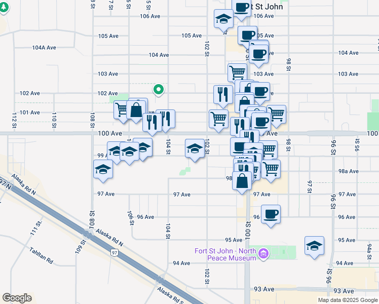 map of restaurants, bars, coffee shops, grocery stores, and more near 10244 99 Avenue in Fort St. John