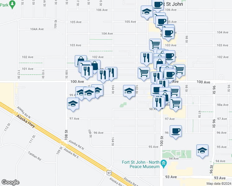 map of restaurants, bars, coffee shops, grocery stores, and more near 10316 99 Avenue in Fort St. John