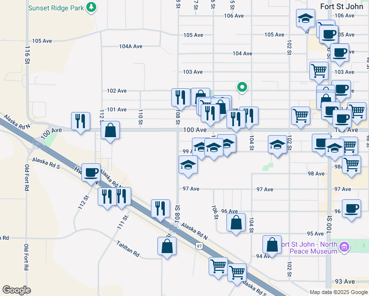 map of restaurants, bars, coffee shops, grocery stores, and more near 10712 99 Avenue in Fort St. John