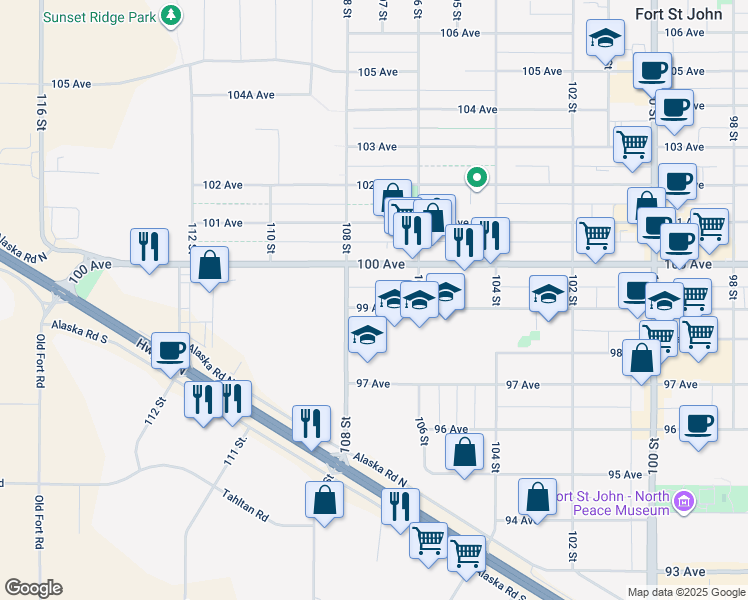 map of restaurants, bars, coffee shops, grocery stores, and more near 10712 99 Avenue in Fort St. John