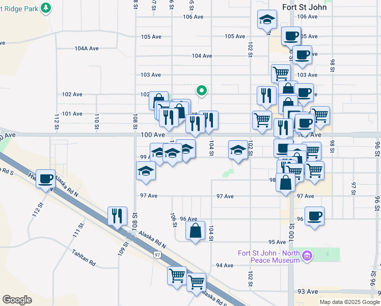 map of restaurants, bars, coffee shops, grocery stores, and more near 10504 99 Avenue in Fort Saint John