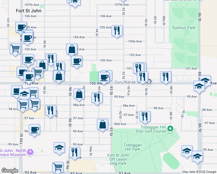 map of restaurants, bars, coffee shops, grocery stores, and more near 9924 93 Street in Fort Saint John