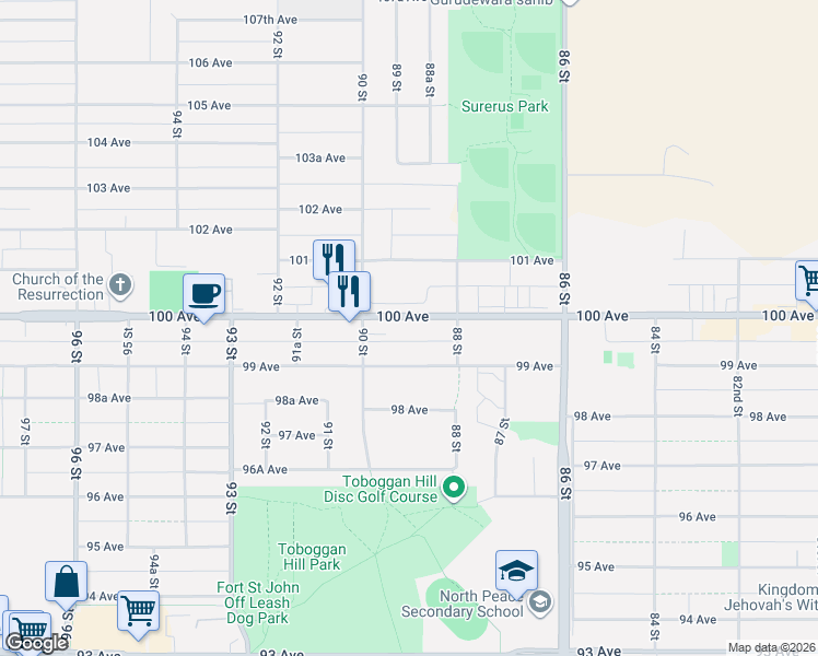 map of restaurants, bars, coffee shops, grocery stores, and more near 8903 100 Avenue in Fort St. John