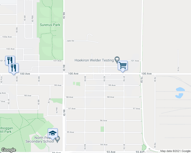 map of restaurants, bars, coffee shops, grocery stores, and more near 8217 100 Ave in Fort St John