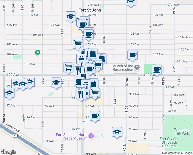 map of restaurants, bars, coffee shops, grocery stores, and more near 9843 100 Avenue in Fort St. John